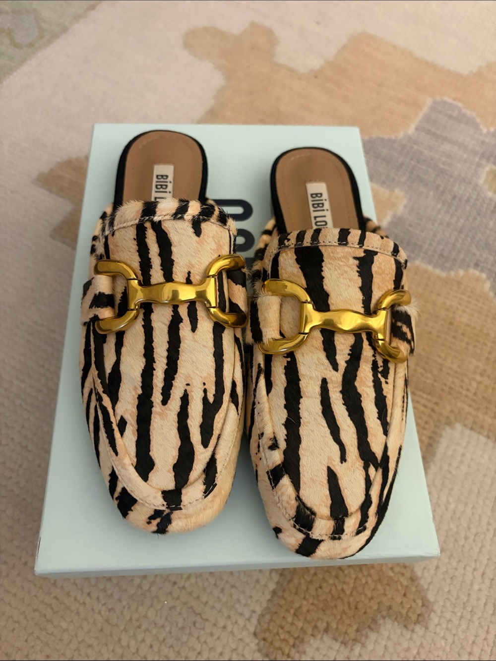 BiBi Beige and Black Zebra-Print Backless Mule with Gold Hardware